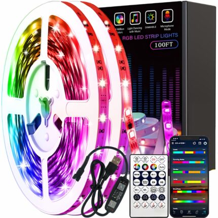 Banda LED autoadeziva 15 m JOZY®, telecomanda si aplicatie pe telefon, 5050 RGB, comanda vocala, timer, efecte muzicale, multicolora