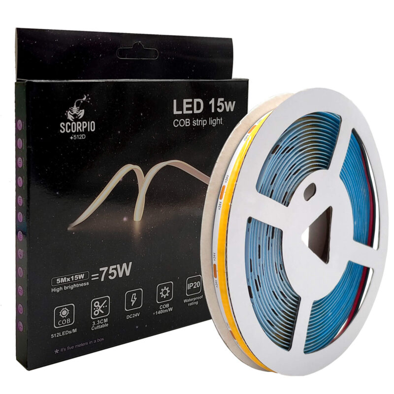 Banda LED COB 24V, 5 Metri, 15W/M (75W), 512LED/M, 1650Lm/M, CRI90 Luciu inalt, IP20, Lumina continua, alb natural 4000K