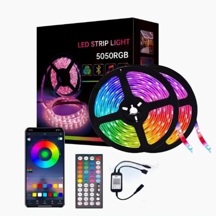 Banda LED RGB, 10 metri, Bluetooth 4.2, Aplicatie telefon, Telecomanda, IP 65, Interior, 60 leduri/m 5050 RGB, Banda autoadeziva, Timer On/Off, Mod sincronizare muzica, Microfon, Intensitate lumina reglabila, 2 x 5 metri, Multicolor
