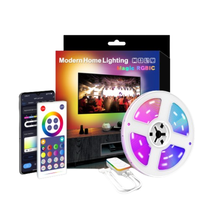 Banda LED RGB TV, 5 metri, Control Wi-Fi, Aplicatie telefon Tuya sau Smartlife, Compatibil Alexa si Google assistant, Microfon pentru mod muzica, Timer, Intensitate lumina reglabila, Telecomanda cu baterie inclusa, Alimentare USB 5V