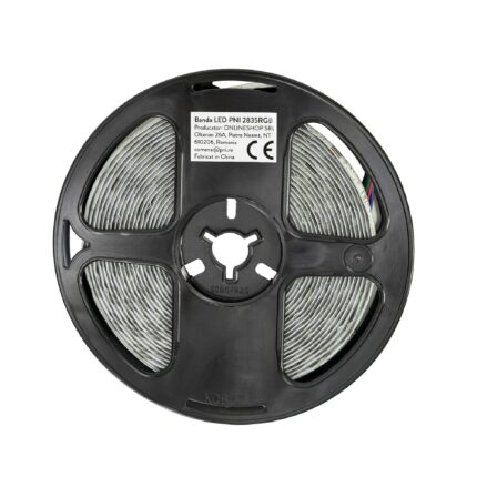 Banda LED PNI 2835RGB, RGB, IP65, silicon, lungime 5 metri, cu telecomanda, alimentator 230 V, dimabil, jocuri de lumini, 270 LED-uri tip 2835, 12W