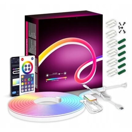 Banda LED NEON RGBIC 5050+WS2812B, Bluetooth, Aplicatie Mobila, Efect Curcubeu, Rezistent la apa IP67, 2m