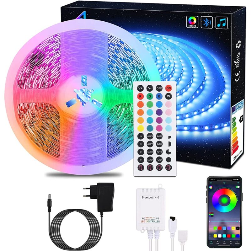 Banda LED 5050 RGB, 10m (2 x 5 m), Gotake, Control APP/Bluetooth/Telecomanda, 30 LEDs/m, 12 V, Multicolor