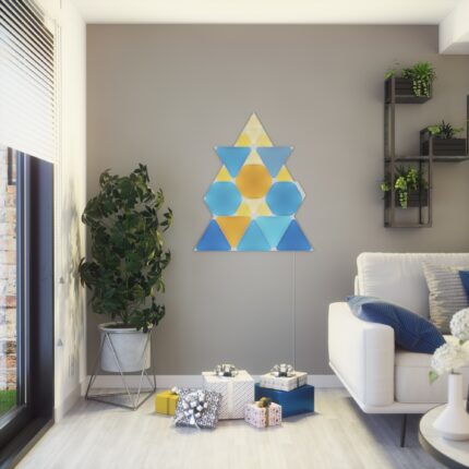 Kit panouri luminoase LED modulare inteligente Nanoleaf Shapes Triangles Starter Kit, RGBW, Wi-FI, 1200 lm, senzor muzica, compatibil iOS/Android, Apple HomeKit/Google Home/Amazon Alexa, 15 panouri