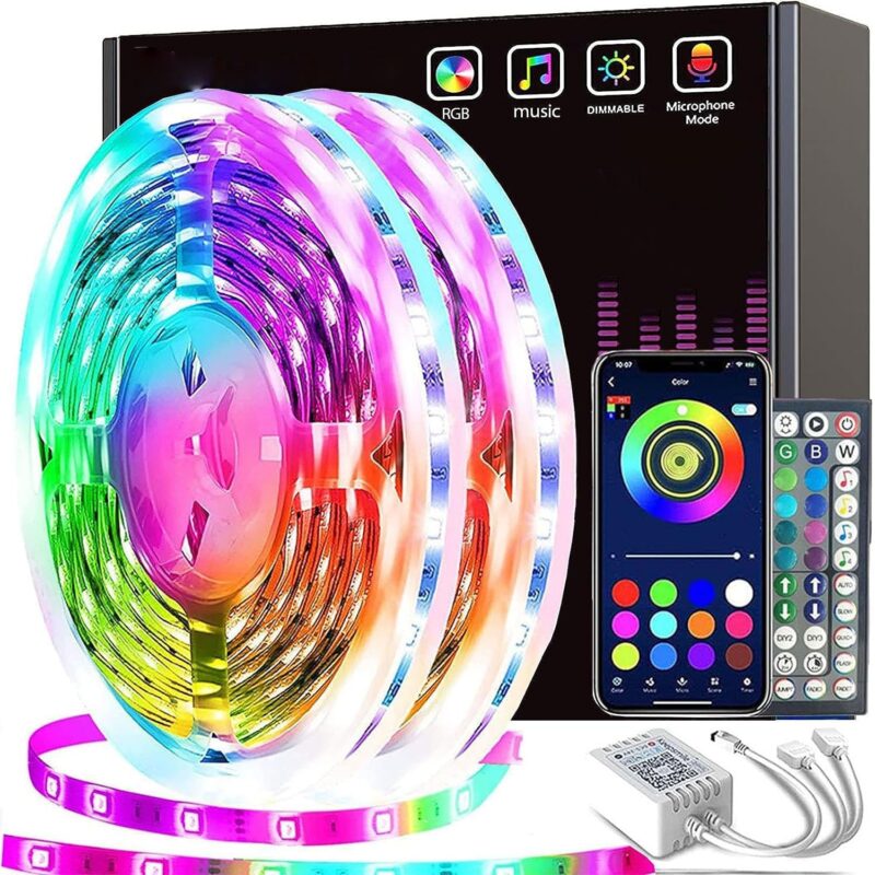 Banda LED 5050 RGB 10 metri (2 role x 5 m), Control prin Telecomanda cu 44 taste sau Aplicatie Mobila, Lumina si Culori Reglabile, sincronizare muzica, timer, 300 LED-uri, Intensitate Reglabila