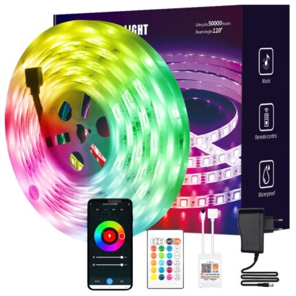 Banda Led RGB BIRAI®, 10 Metri, IP68 Impermeabil, Aplicatie SMART, Bluetooth, Oprire Automata, Modul Microfon, Intensitate Lumina Reglabila, WI-FI, Timer On/Off, Telecomanda, Control Voce, Modul Muzica, Rezistenta la Apa, Multicolor