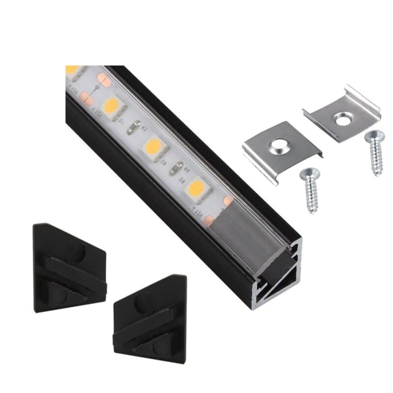 Set Profil de Colt Aplicat din Aluminiu Anodizat pentru Benzi LED Transparent 14x16mm 1m Negru