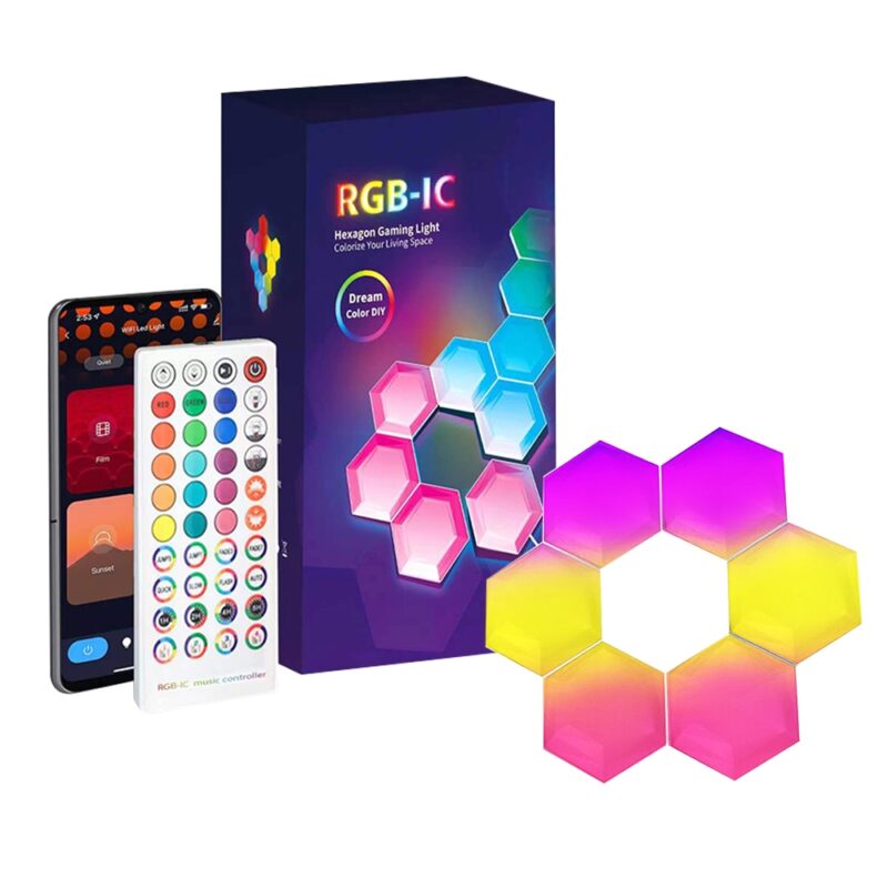 Lampa Modulara Inteligenta tip Hexagon, JESWO®,6 bucati, sincronizare muzicala, Wi-Fi, Control Tuya Smart, Telecomanda Inclusa, moduri multiple, luminozitate ajustabila, timer