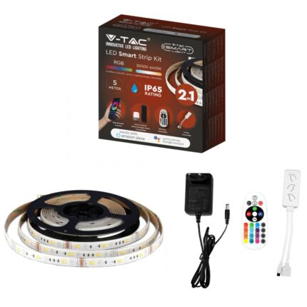 Banda LED RGBW inteligenta V-TAC 2628, 20W, 1150 lm, lumina alba si colorata, IP65, telecomanda, compatibil Amazon Alexa/Google Home, 5m