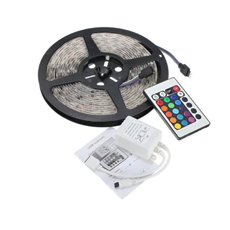 Banda LED 5 metri, Interior IP20, 60 leduri/m 5050 RGB, Adeziva, Telecomanda, Intensitate Lumina Reglabila, Diferite Moduri de Iluminare, JD Store
