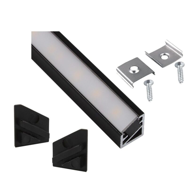 Set Profil de Colt Aplicat din Aluminiu Anodizat pentru Benzi LED Opal 14x16mm 1m Negru