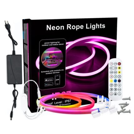 Banda LED Neon RGBIC inteligenta VIELLAN, 5 m, Wi-Fi, sincronizare muzica, 96 de Led-uri pe Metru, IP67, Compatibil Alexa/Google Assistant, 24V, lumina colorata