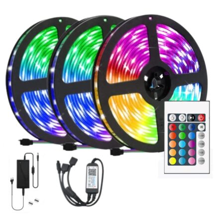 Banda LED, RGB, 15 Metri, 450 leduri, WIFI, adeziva, Bluetooth, aplicatie telefon, reglare luminozitate, pentru interior/exterior IP65, programe de lumini, telecomanda cu 24 butoane, mod muzica