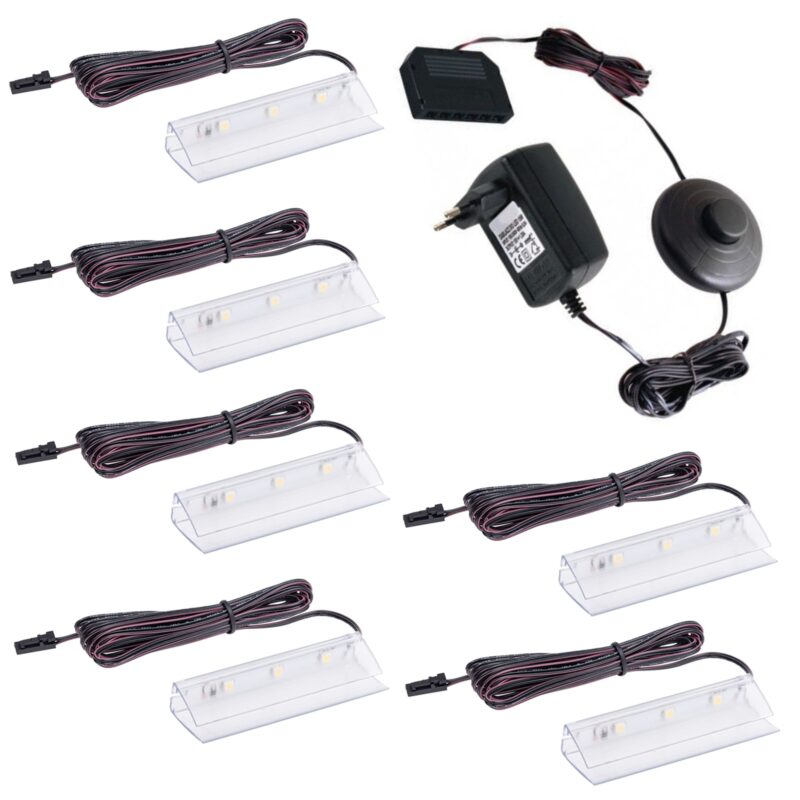 Set 6x Clip LED Pentru Raft Mobila Plastic cu Sursa de Alimentare 0.25W 12V DC Alb Cald