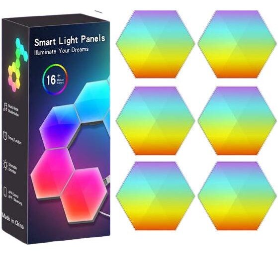 Set Benzi LED hexagonale, sincronizare muzica, control prin aplicatie, multicolor, 6 buc