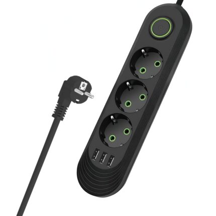 Prelungitor Teno®, 3 prize, 3 porturi USB, intrerupator, suport de agatare incorporat, rezistent la temperaturi inalte, universal, lungime 2 metri, negru
