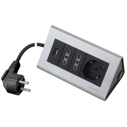Prelungitor pentru birou POLYPOOL PP2594.2RO, cu intrerupator, protectie copii, USB 2.1 A, 3 prize, 16A, 2m, Negru/Gri
