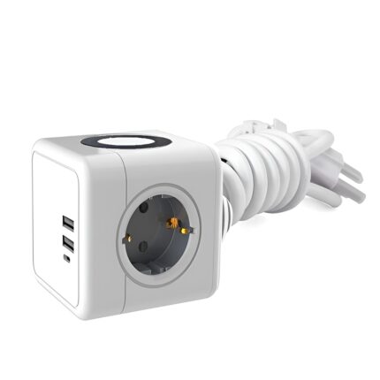Priza cubica KRASSUS cu incarcare wireless 15W, 250V, 16A, 3680W, 3 prize standard SCHUKO, 2 x USB A, 1 x USB C, protectie copii, 1.5m, alb