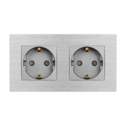 Priza dubla Luxion LX-2MP010A-GY, cu protectie copii/termica/contact/suprasarcina, 16A, IP45, rama din aluminiu, Gri