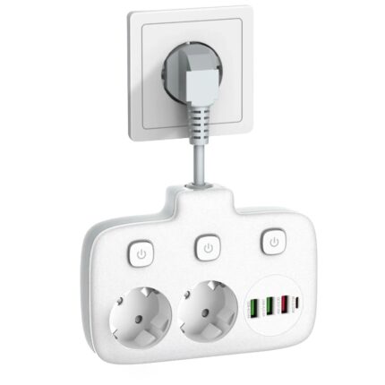 Adaptor priza EU, Redkid®, 2 prize, 3 USB, 1 Type-C, 0.1m, protectie copii, 5V, 2.4A, Incarcare Rapida, Buton On/Off, alb