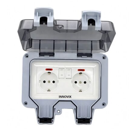 Priza dubla exterior INNOVIX, Model Standard European, 250V/16A, IP66, rezistenta la apa si praf, gri cu intrerupatoare individuale