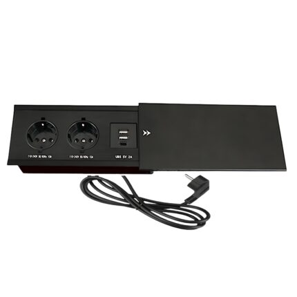 Priza incorporabila in blat, REMITEN, Birou, Bucatarie, Mobila, 2 prize Shucko, 2 Porturi USB si 1 Port C, Incarcator, 2A, Cu cablu de 1, 8 metri lungime, Stecher European, Capac cu sina glisabil, 16A, 240V-2400W, Doza, Culoare Negru