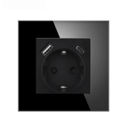 Priza Electrica cu Rama de Sticla Securizata Konzmann – 230V, 2 Porturi USB Incluse (USB Type C si USB A), 5V, 2A, Durabila si Rezistenta, Design Elegant si Sofisticat, Negru