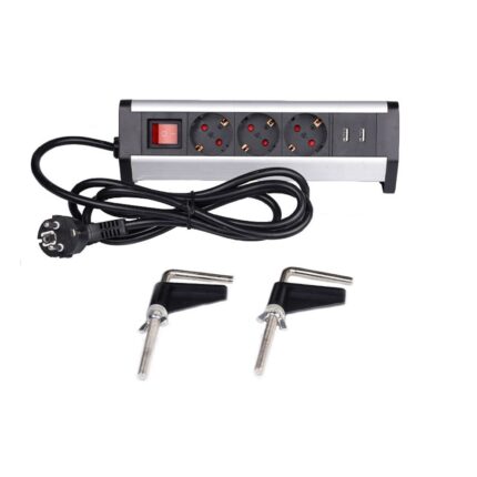 Priza aplicabila blat Monirom cu intrerupator, 3 prize, 2 usb-uri 2.1A, cordon 2 m, 3x1,5, aluminiu