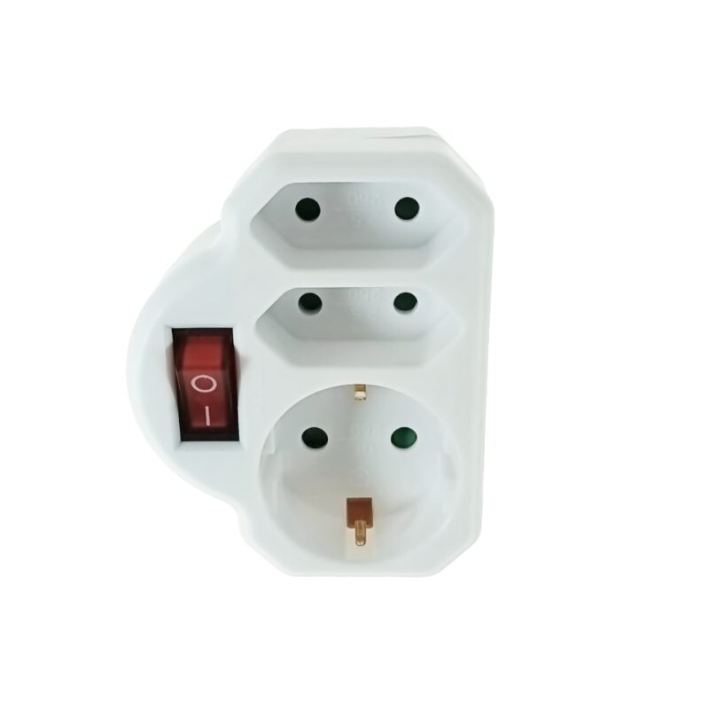 Triplu stecher priza retea cu 1 x Schuko si 2 x Euro, cu intrerupator, 3680W, 250V, 16A, Alb