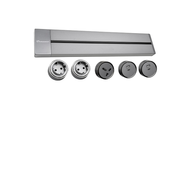Sina 60cm cu 5 prize modulare 16A 2 X USB, 2 X Suko, 1 X Universala montaj pe perete/blat, rotire ON/OFF si repozitionare prin rotire, Aluminiu, 220V IP20