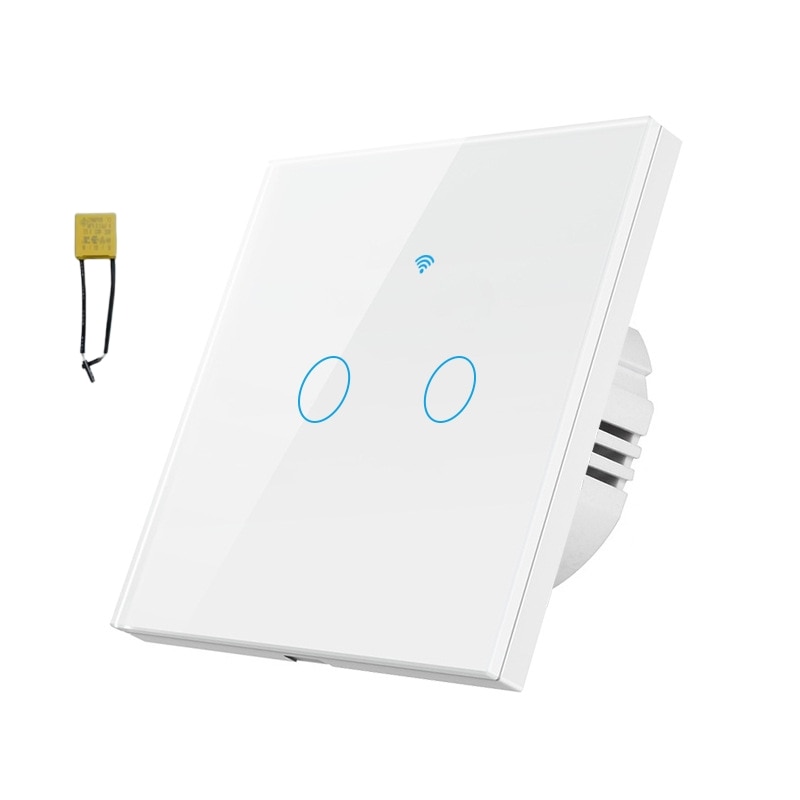 res_db2066bf2de5034701516c456110255e Intrerupator inteligent cu touch, Wi-Fi, fara nul/nul, 10A, 2 canale, RF 433MHz, sticla securizata, Tuya, Life Smart, compatibil Amaxon Alexa/Google Assistant, Alb