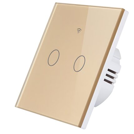 Intrerupator inteligent cu touch, USSPY®, smart home, Wifi, 2 canale, 10A, sticla securizata, compatibil Tuya, Smart Life, Alexa si Google Assistant, auriu