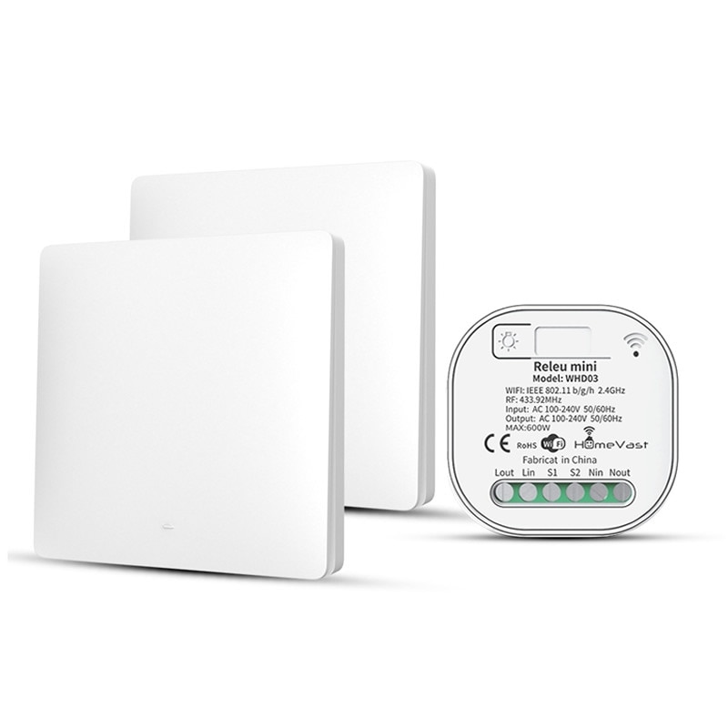 Kit 2 intrerupatoare cinetice RF433, HomeVast, 1 canal, alb, plus 1 receiver inteligent, WiFi, on/off, compatibil Tuya, Smartlife, Google Home si Amazon Alexa