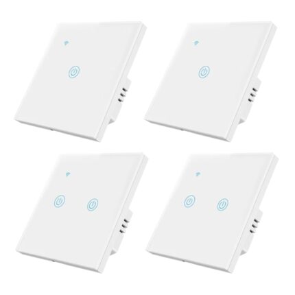 Set 4 Intrerupatoare Wi-Fi cu touch Brius™, 2 simple / 2 duble, nul, Tuya, Amazon Alexa/Google Assistant, sticla securizata, ignifug, LED noapte/zi, rezistent la zgarieturi si anti-amprente, ideal birou, camera de zi, dormitor, baie si bucatarie, Alb