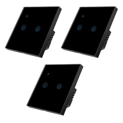 Set 3 Intrerupatoare inteligente duble cu touch Brius™, Wi-Fi, nul, sticla securizata, LED noapte/zi, Tuya, Life Smart, compatibil Amazon Alexa/Google Assistant, rezistent la zgarieturi, ideal pentru birou, camera de zi, dormitor, baie, bucatarie, Negru