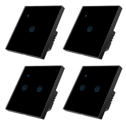 Set 4 Intrerupatoare Wi-Fi cu touch Brius™, 2 simple / 2 duble, nul, Tuya, Amazon Alexa/Google Assistant, sticla securizata, ignifug, LED noapte/zi, rezistent la zgarieturi si anti-amprente, ideal birou, camera de zi, dormitor, baie si bucatarie, Negru