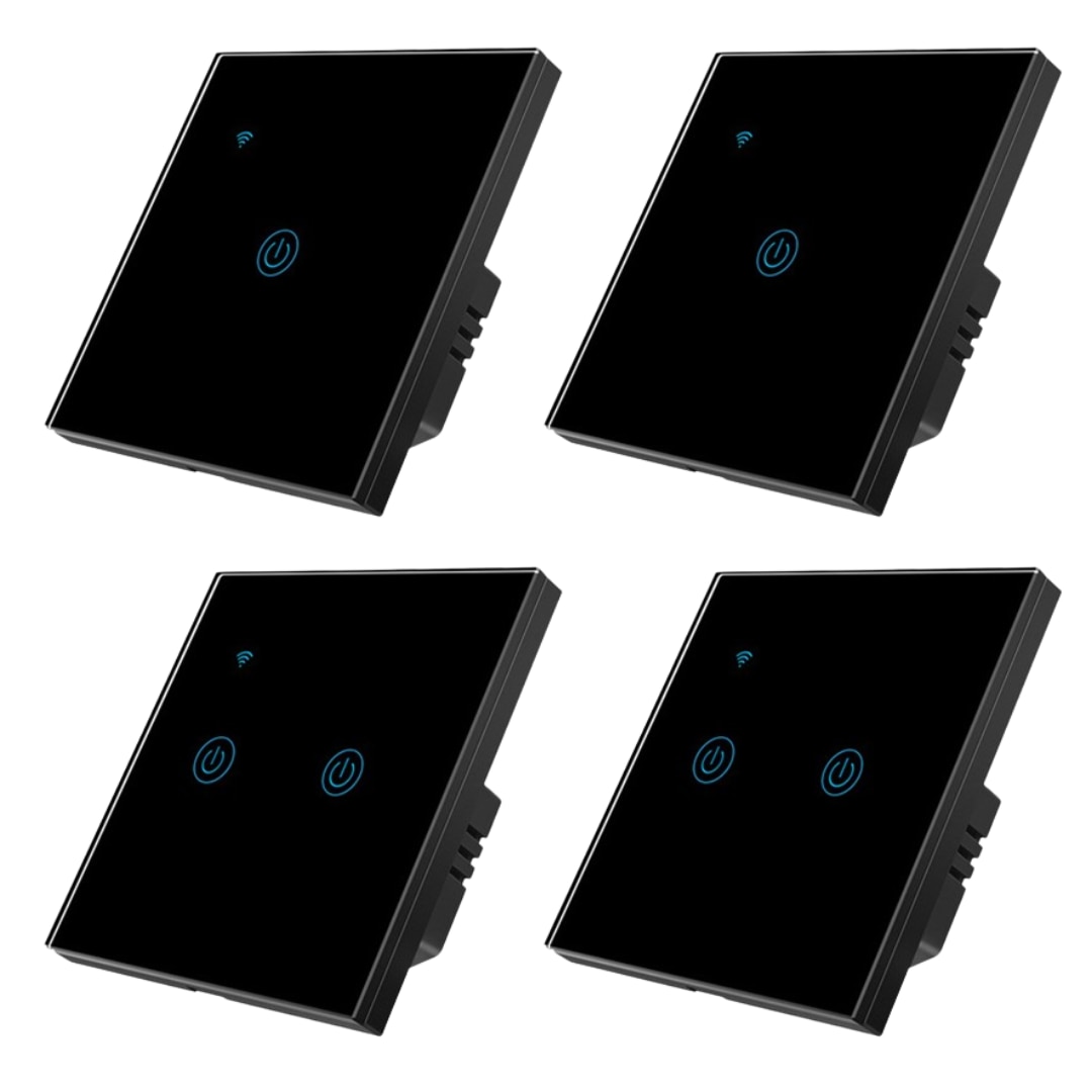 res_06d27a66b7bfc9a4c629bd8c3810da99 Set 4 Intrerupatoare Wi-Fi cu touch Brius™, 2 simple / 2 duble, nul, Tuya, Amazon Alexa/Google Assistant, sticla securizata, ignifug, LED noapte/zi, rezistent la zgarieturi si anti-amprente, ideal birou, camera de zi, dormitor, baie si bucatarie, Negru