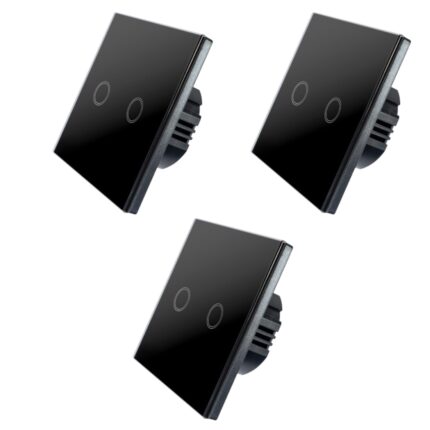 Set 3 Intrerupatoare duble cu touch Brius™, cu nul, sticla securizata, ignifug, indicator LED noapte/zi, rezistent la zgarieturi si anti-amprente, ideal pentru birou, camera de zi, dormitor, baie si bucatarie, Negru