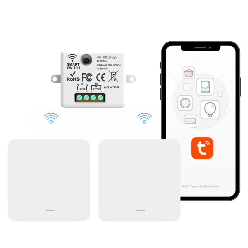 Kit 2 intrerupatoare inteligente Veridion®, Wifi, compatibil cu Tuya, Alexa si Google Home, 2 Comutatoare + 1 Receptor