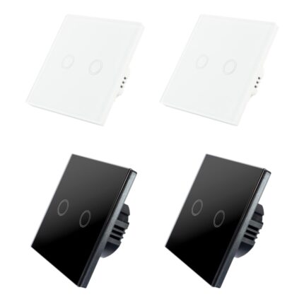 Set 4 Intrerupatoare duble cu touch Brius™, nul, sticla securizata, ignifug, indicator LED noapte/zi, rezistent la zgarieturi si anti-amprente, ideal pentru birou, camera de zi, dormitor, baie si bucatarie, Alb/Negru