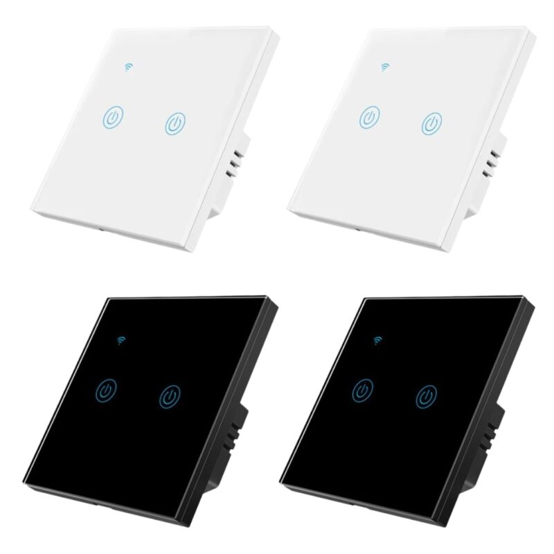 Set 4 Intrerupatoare Wi-Fi duble cu touch Brius™, nul, sticla securizata, LED noapte/zi, Tuya, Life Smart, compatibil Amazon Alexa/Google Assistant, rezistent la zgarieturi, ideal pentru birou, camera de zi, dormitor, baie si bucatarie, Alb/Negru