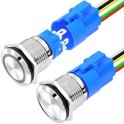 Buton Push Metalic, 220V, 19mm, cu Retinere, Led Alb, Mufa inclusa, ElectroAZ