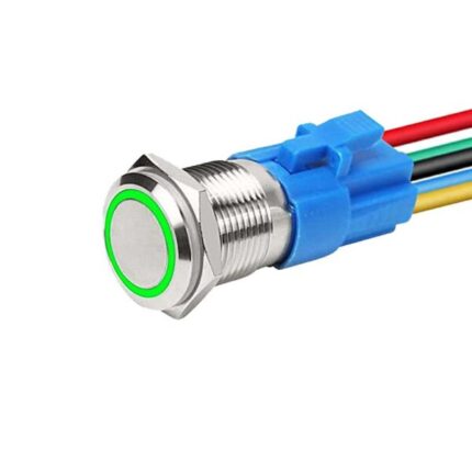 Buton Push 16mm cu Revenire, 12-24V, Led Verde, Mufa Inclusa