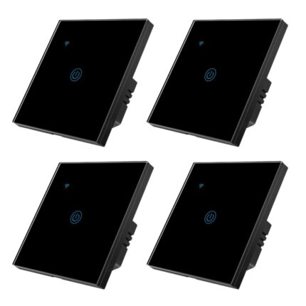 Set 4 Intrerupatoare inteligente simple cu touch Brius™, Wi-Fi, nul, sticla securizata, LED noapte/zi, Tuya, Life Smart, compatibil Amazon Alexa/Google Assistant, rezistent la zgarieturi, ideal pentru birou, camera de zi, dormitor, baie, bucatarie, Negru