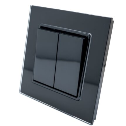 Intrerupator Dublu Negru cu Rama din Sticla, 10A, 250V, 2 module, 86x86mm, comutator ST