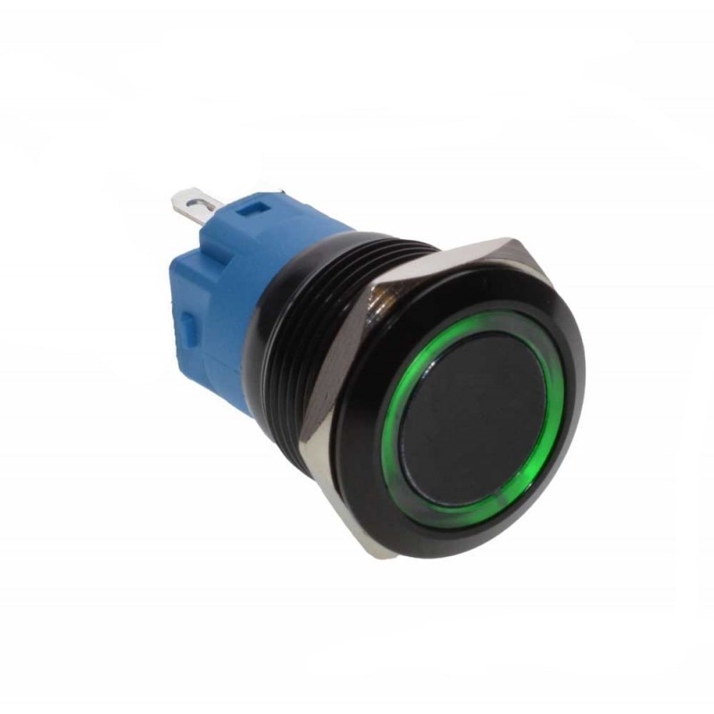 Buton prin Apasare Metalic cu Retinere elSales ELS-GQ19, Diametru 19 mm, Lumina LED Verde, Tensiune Alimentare 12 V, Design Ergonomic, Negru