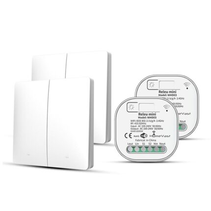 Kit 2 intrerupatoare cinetice RF433, HomeVast®, 2 canale, alb, plus 2 receivere inteligente, WiFi, on/off, compatibile Tuya, Smartlife, Google Home si Amazon Alexa, model WH040222P