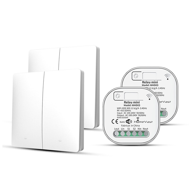 Kit 2 intrerupatoare cinetice RF433, HomeVast®, 2 canale, alb, plus 2 receivere inteligente, WiFi, on/off, compatibile Tuya, Smartlife, Google Home si Amazon Alexa, model WH040222P