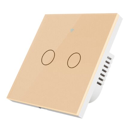 Intrerupator inteligent cu touch, Wi-Fi, fara nul, 2 canale, 10A, sticla securizata, Tuya Smart Home, compatibil Amazon Alexa/Google Assistant, Auriu