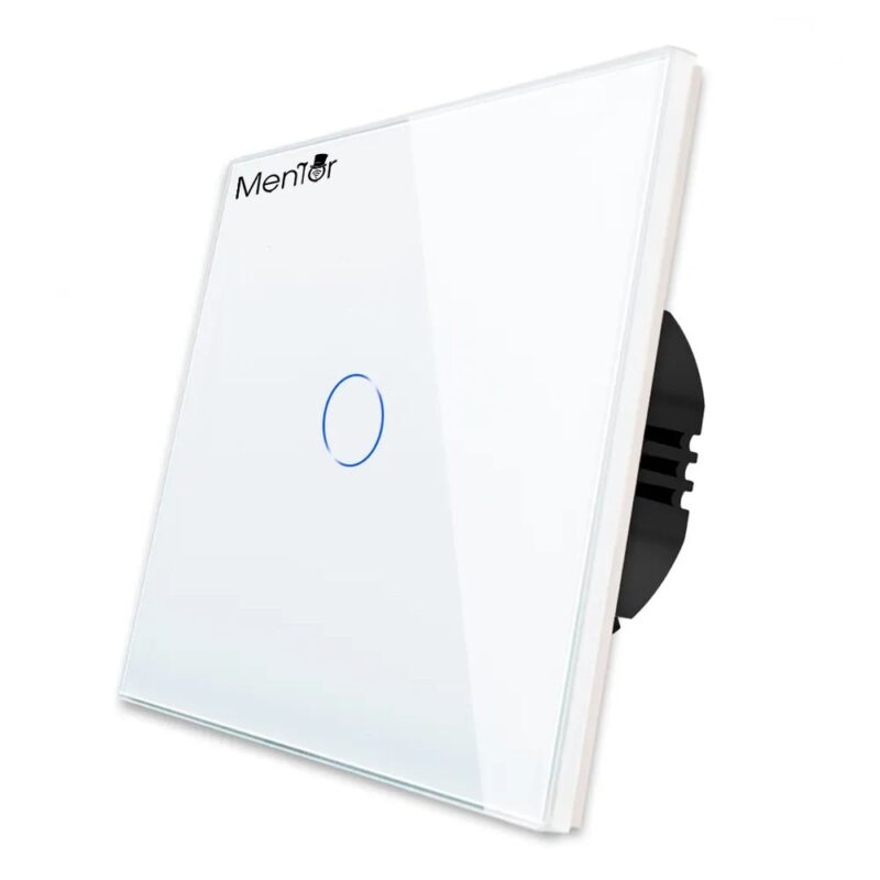Intrerupator touch simplu inteligent wireless Mentor ES040 WiFi 600W, 10A, cu NUL, cu rama din sticla securizata, incastrat, indicator led, alb, control vocal prin Alexa, Google Assistant, Apple HomeKit Siri. Mentor Premium